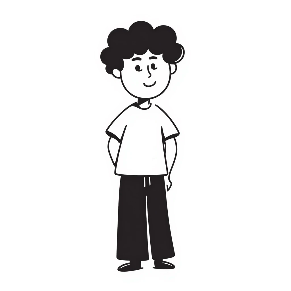 Teenage boy with messy curly hair, casual t-shirt, slight smile emoji