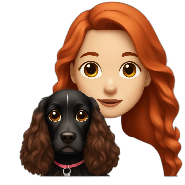 girl in long red hair sits with black and brown  spaniel emoji