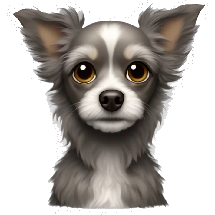 chihuahua poodle mix, small, dark, scruffy dog with large, expressive eyes and pointed ears. It has prominent ears that stand upright and a mix of gray and dark brown fur with some lighter areas around the face and chest emoji