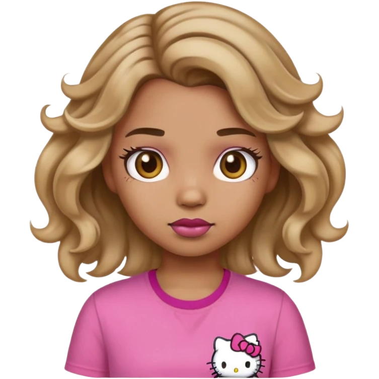 Make an emoji girl with dirty blonde wavy hair light brown skin brown eyes with pink shirt baddie makeup And hello kitty clip on her hair emoji