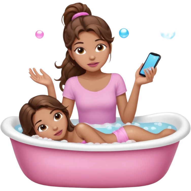 girl with wavy long ponytail brown hair, brown eyes, light to medium complexion, long lashes, light pink lipstick, wearing light pink shirt, lying full body in a bathtub with bubbles emoji