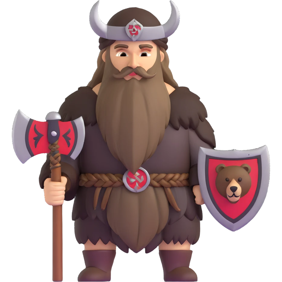 Russian pagan warrior with bear fur, battle axe, Slavic sun symbol amulet, long braided beard emoji