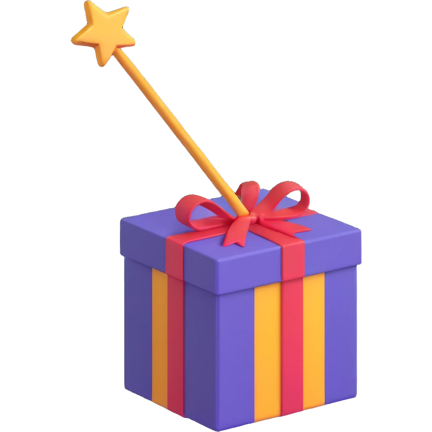 a bright 3D emoji style icon of a box with a magic wand on top emoji