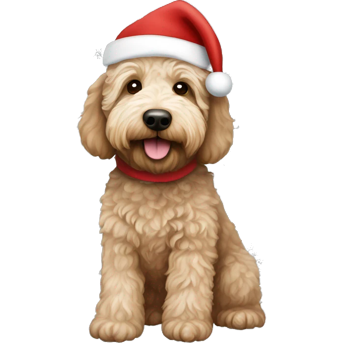 Australian Labradoodle wearing a Christmas sweat sweater and Santa hat emoji