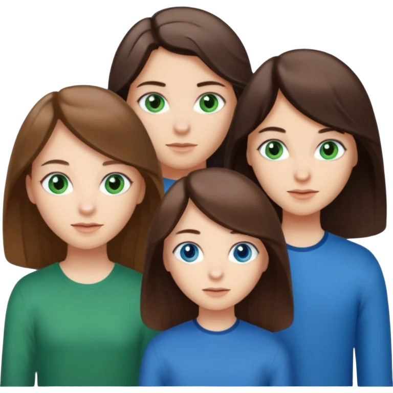 Three people total: Two girls brunette one with straight long hair and blue eyes one with curled hair middle length and green eyes and the other a boy lighter brown with blue eyes  emoji