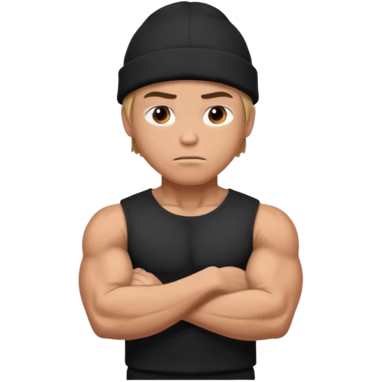 Muscular hero in black beanie, serious expression, folded arms.



































 emoji