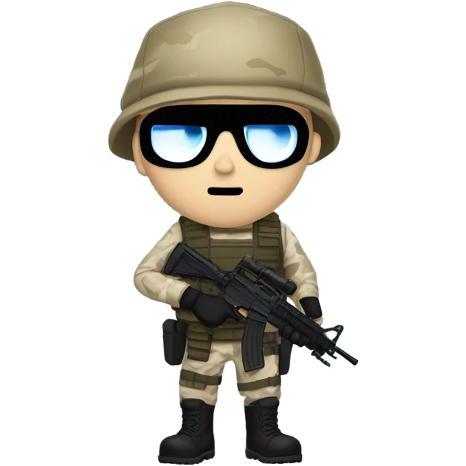 White male, call of duty black mask, camo tactical gear, tan combat boots, black beanie, blue eyes emoji