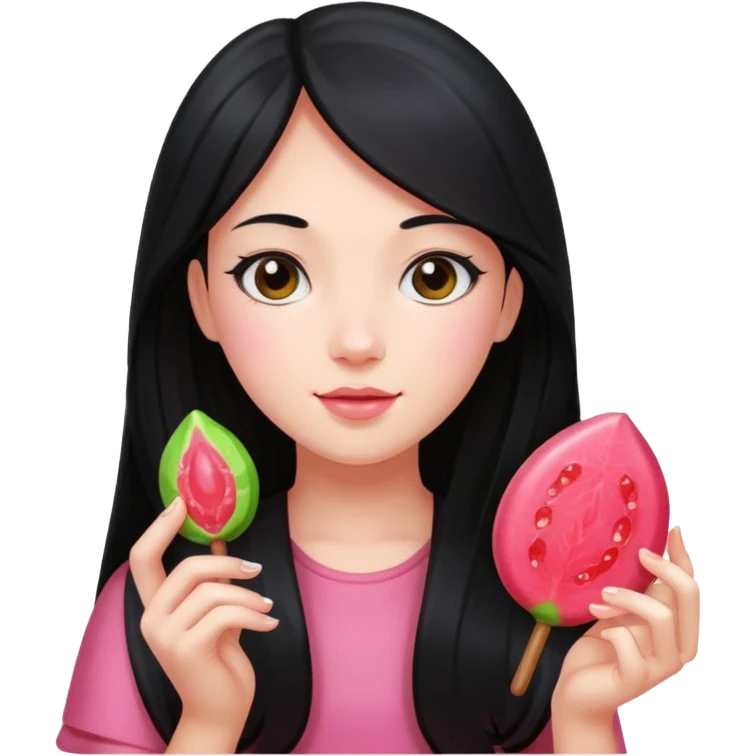 A girl with long black hair holding a piece of guava hard candy emoji