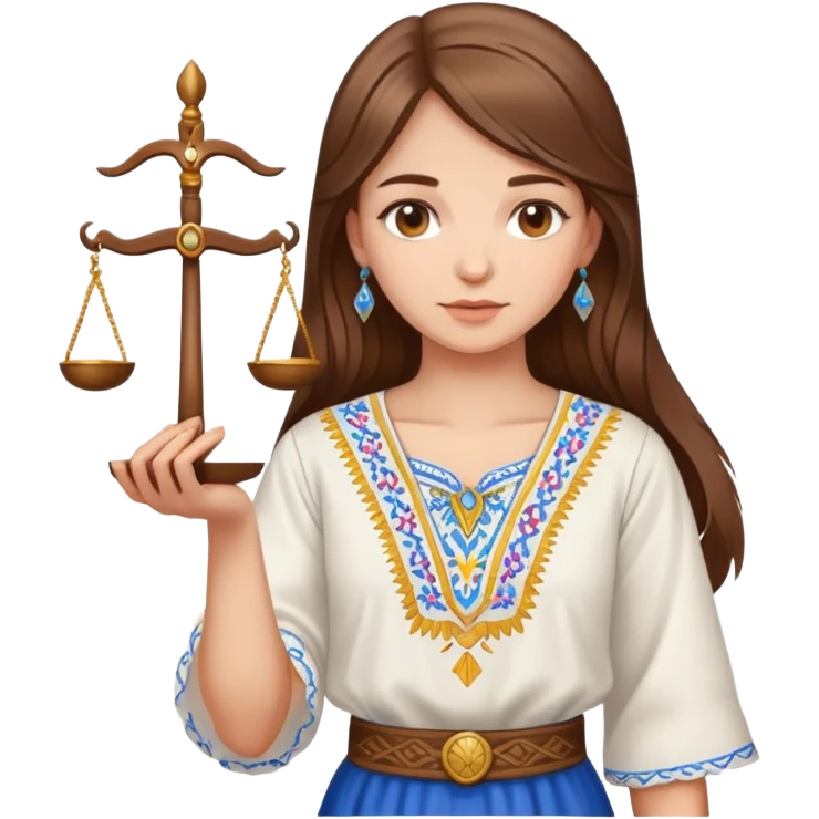 Ukrainian girl with brown hair wearing a traditional embroidered vyshyvanka shirt, holding scales of justice in her hand emoji