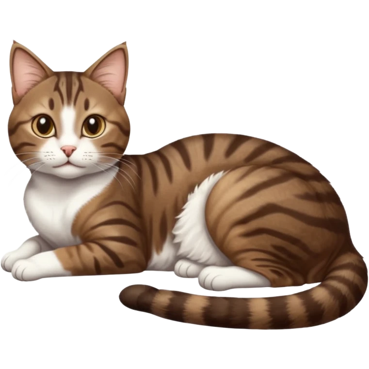 dark brown tabby and white cat with doing a big extremely long stretch reaching up into the air with arms and legs side by side together straight and overextended whilst lying on its side emoji