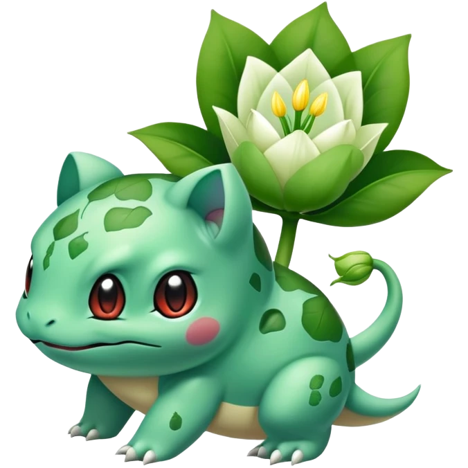 Bulbasaur with a small green unopened plant bulb with layered petals esembling a Lily bud on back emoji