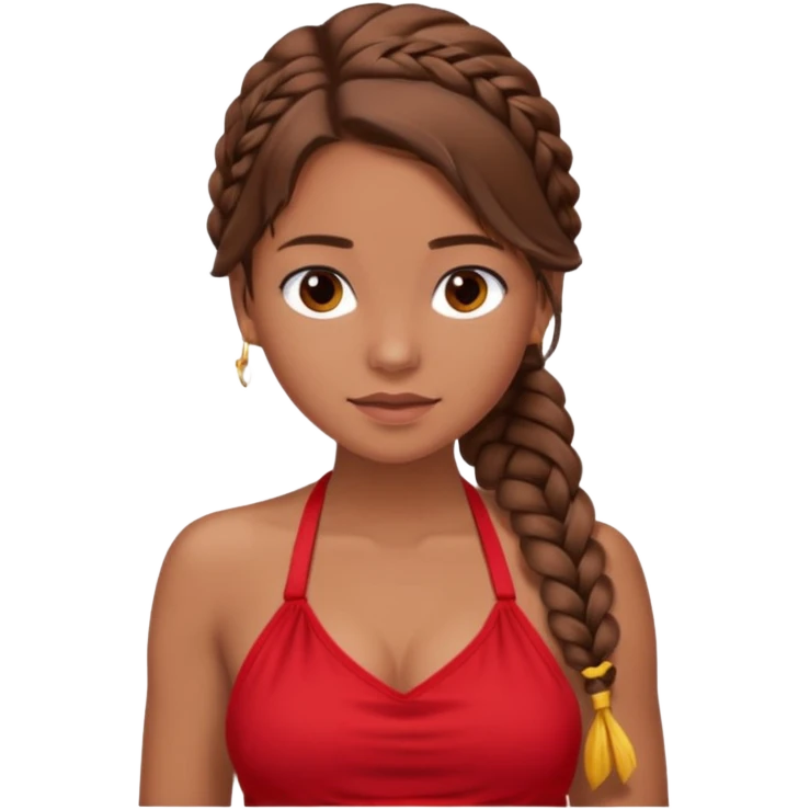 A tanned girl's face loose side braid brown hair with red halter top emoji