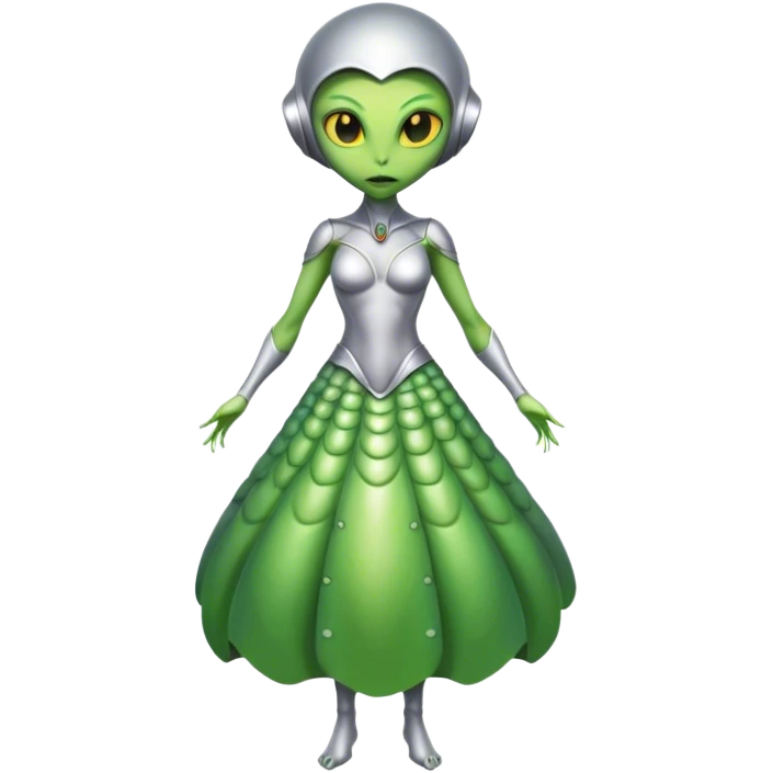 Green Alien woman with Cycloid scales, in silver dress, full figure, yellow eyes emoji