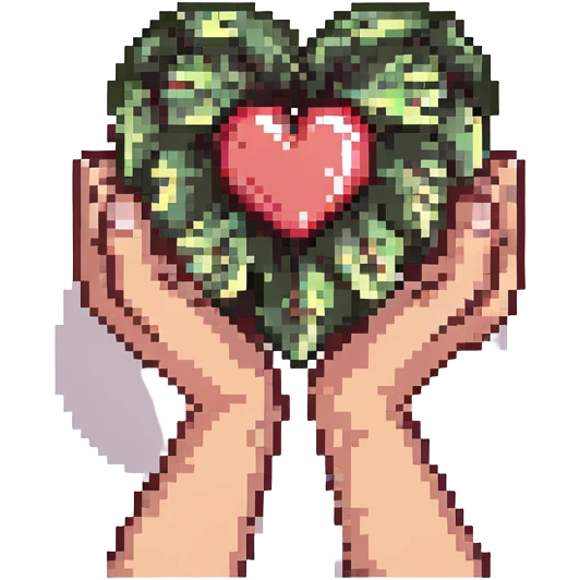 pixel art of hands holding a heart, with 'NGO' text emoji