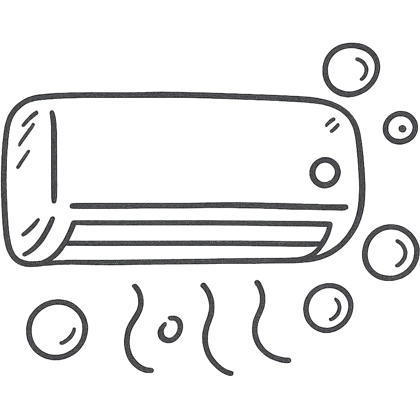 hand-drawn outlined icon of air conditioning cleaning, playful style, AC unit with bubbles emoji