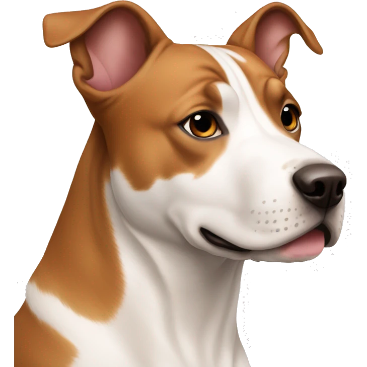 a beautiful white dog with brown eyebrows of the Amstaff breed with uncapped ears emoji