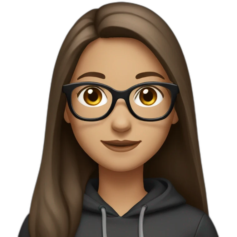 a girl with glasses, smile, long straight brown hair, grey eyes, light skin and black hoodie  emoji