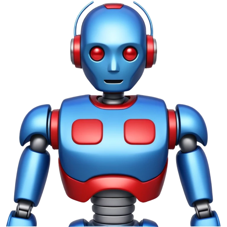generate robot glossy, realstic, red and blue color, add text on chest "LMX" emoji