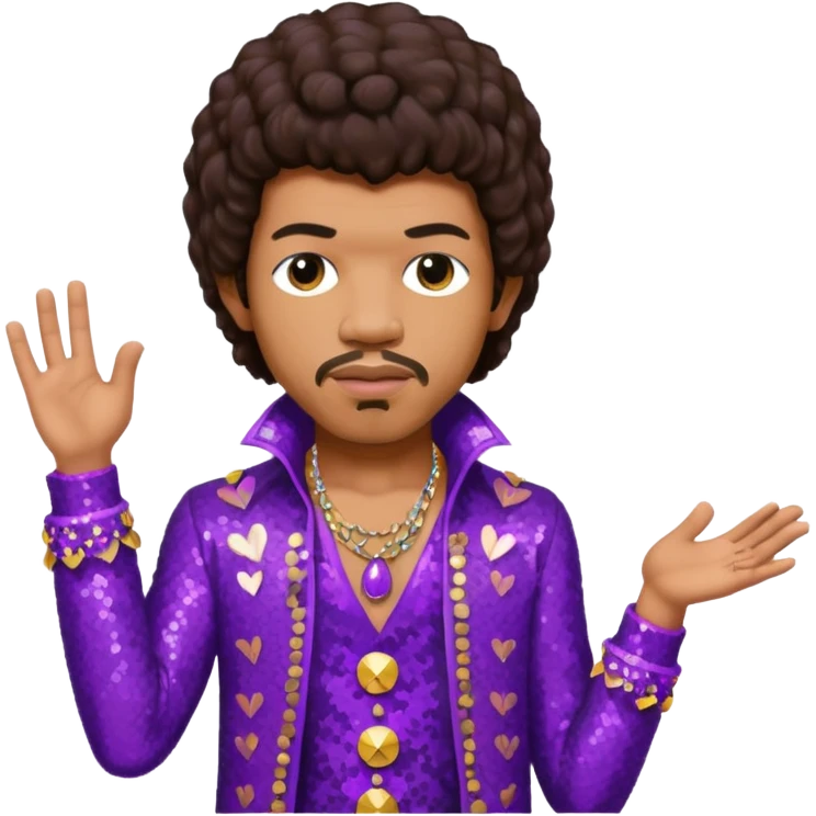 Jimi Hendrix with dark brown hair, purple sequin outfit emoji