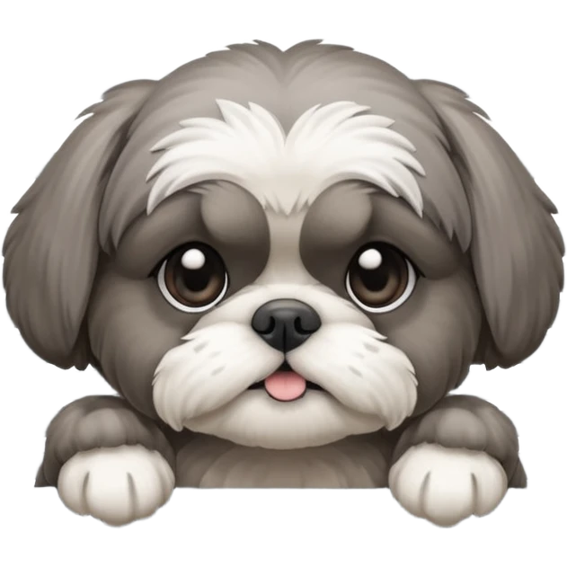 cute all grey shih tzu peeking through window blinds with one paw holding down the shade behind the shade emoji