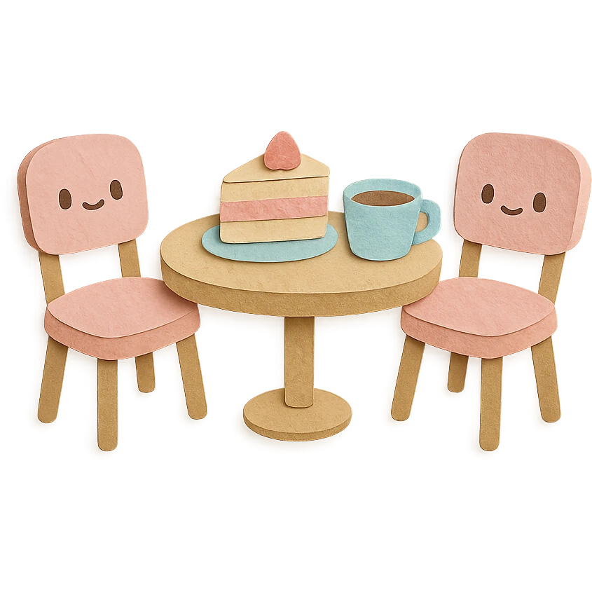 kawaii coffee shop table and chairs set with cake and coffee, soft pastel hand-drawn illustration emoji