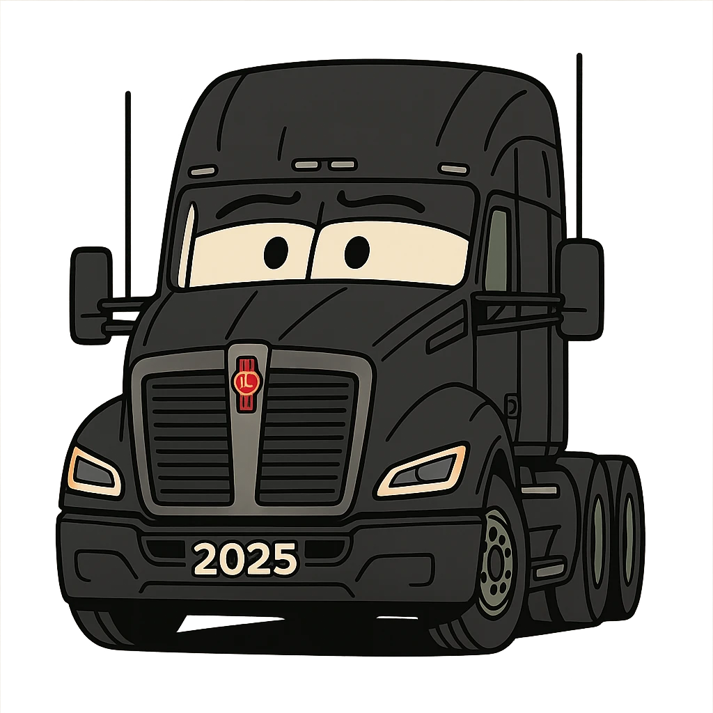 2025 Kenworth T680, black, front view, stylized cartoon emoji