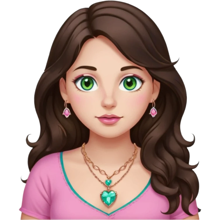 Girl girl long wavy dark brown hair with middle part, green/blue/gold eyes, plus size, pink girly top, right nostril rose gold nose ring, pink heart crystal necklace  emoji