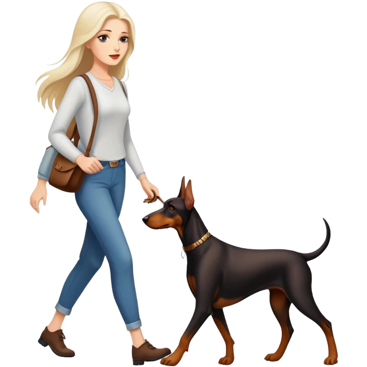 A beautiful white woman with long hair walks a Doberman emoji