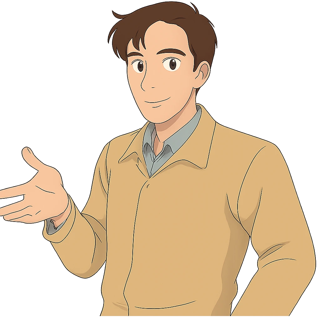 Make the man a little bit skinnier in Ghibli style, with no background. emoji