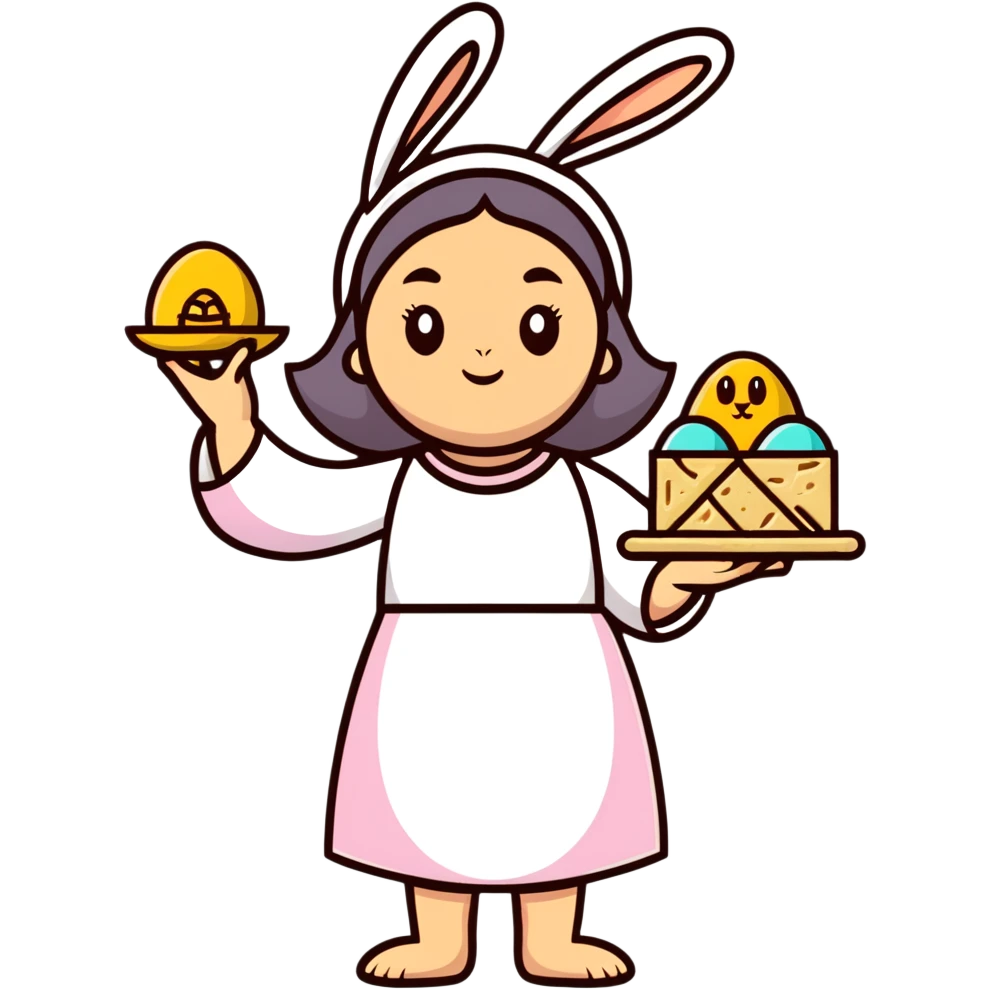 Feminine spring goddess Eostre with halo, Easter bunny, and Passover matzo symbols combined in one harmonious design emoji