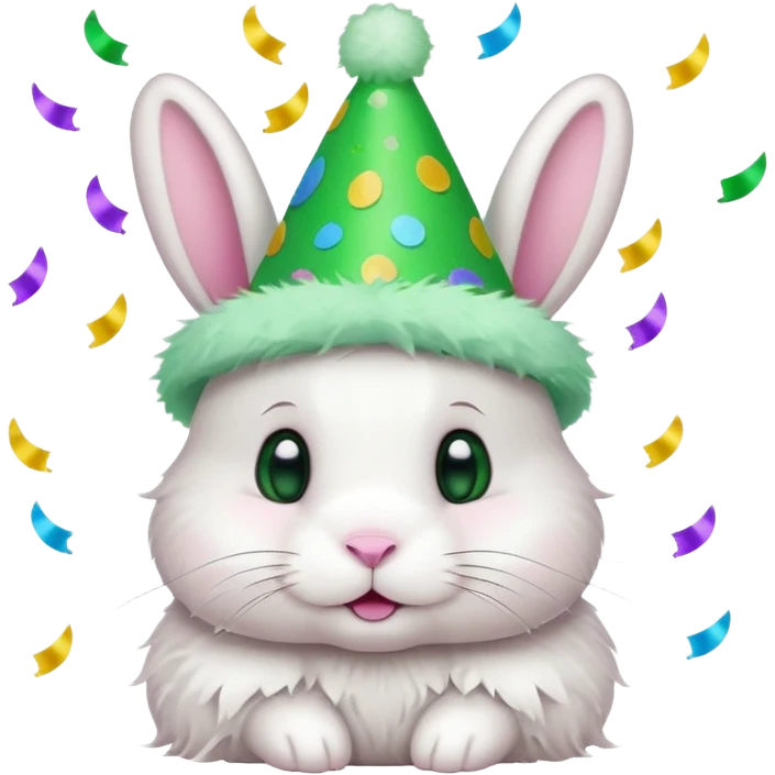 Rabbit in Green Party Hat – white bunny with cone party hat and confetti. emoji