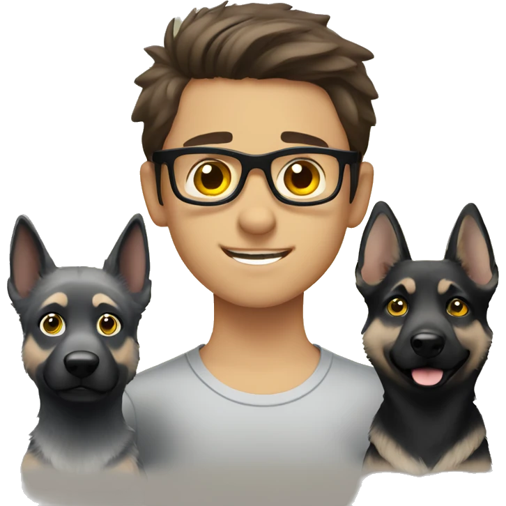a boy with brown hair, black glasses and grey eyes with the grey german shepherd with yellow eyes emoji