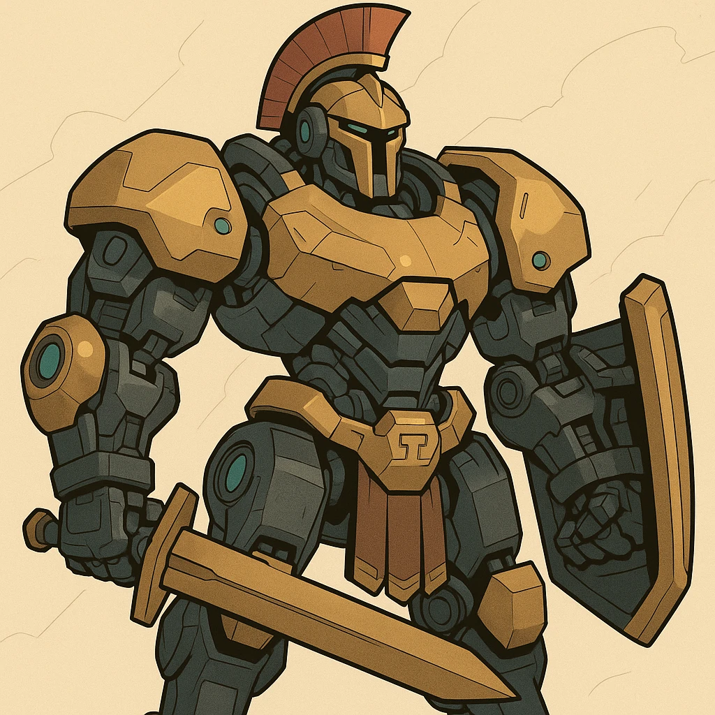 Large epic Cyberpunk mecha spartan inspired by an overwatch character wearing Greek armor emoji