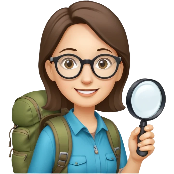 Happy woman hiker in her 40s with glasses and backpack, holding exactly one magnifying glass in one hand only emoji
