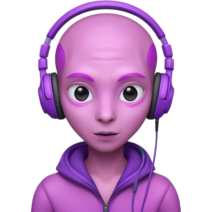 headphone wearing pink alien, purple haired emoji