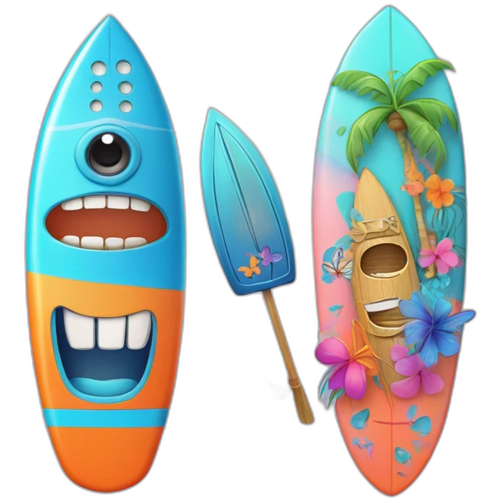 A surfboard Cartoon Blue and orange tiki smiling with butterfly and and Cartoon Blue and pink tiki singing with butterfly and mikrophone emoji