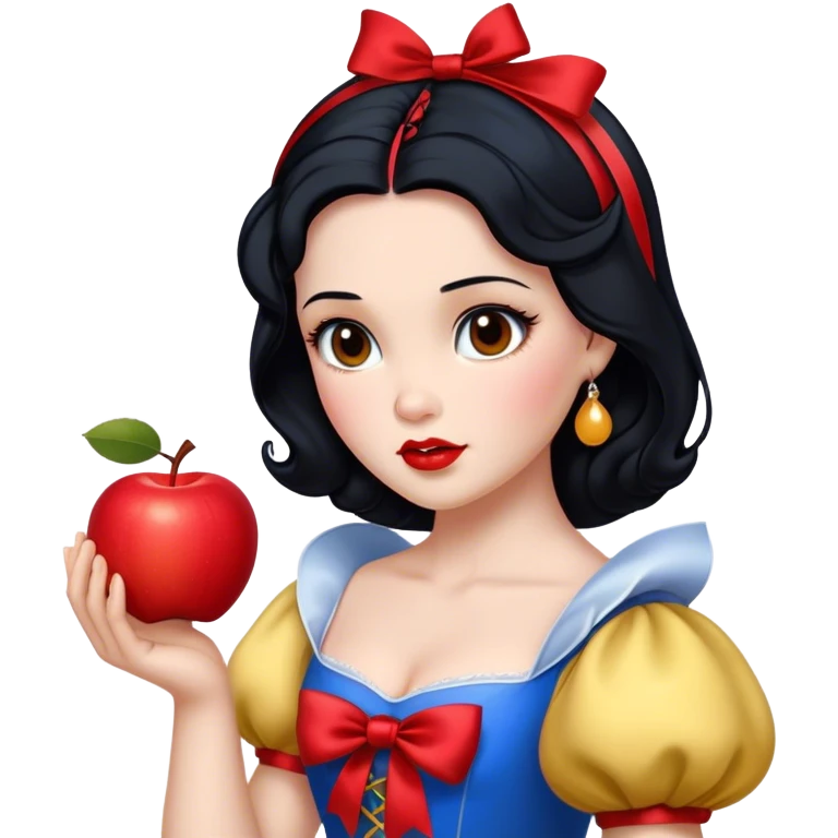 Cinematic Realistic Snow White Portrait, depicted with lifelike skin texture, soft natural lighting, and intricately detailed black hair styled with a red ribbon. Her soft brown eyes radiate innocence and kindness, complemented by a warm, gentle smile. She holds an apple in one hand, her other hand resting against her cheek, embodying her purity and charm. She is dressed in her classic yellow, blue, and red gown, the fabric rich in texture with delicate folds that catch the light beautifully. The portrait features a soft, natural glow with a radiant finish, capturing the essence of timeless beauty in a realistic and painterly style. emoji