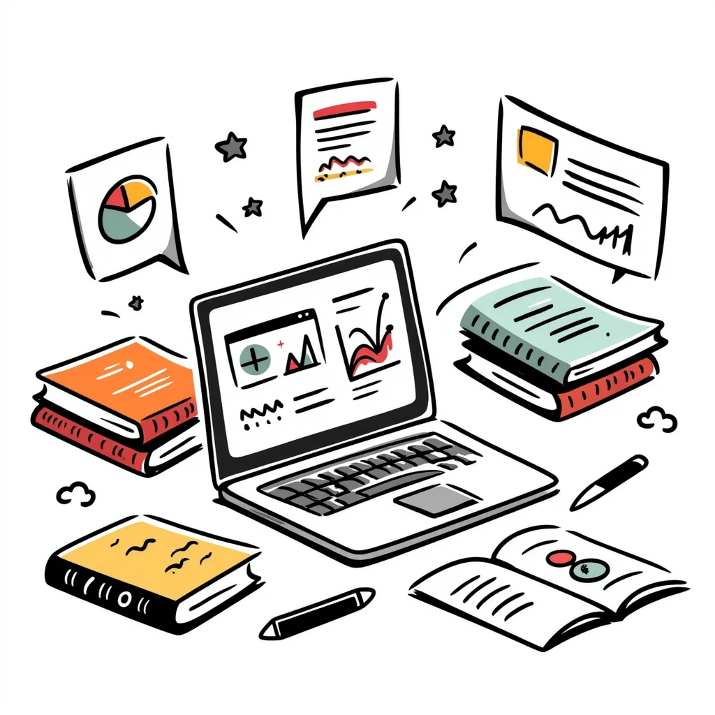 Academic research workspace with an open laptop showing data, scattered books and papers, and a pie chart and line graph. Hand-drawn doodle style with colorful data visualizations and book covers. emoji
