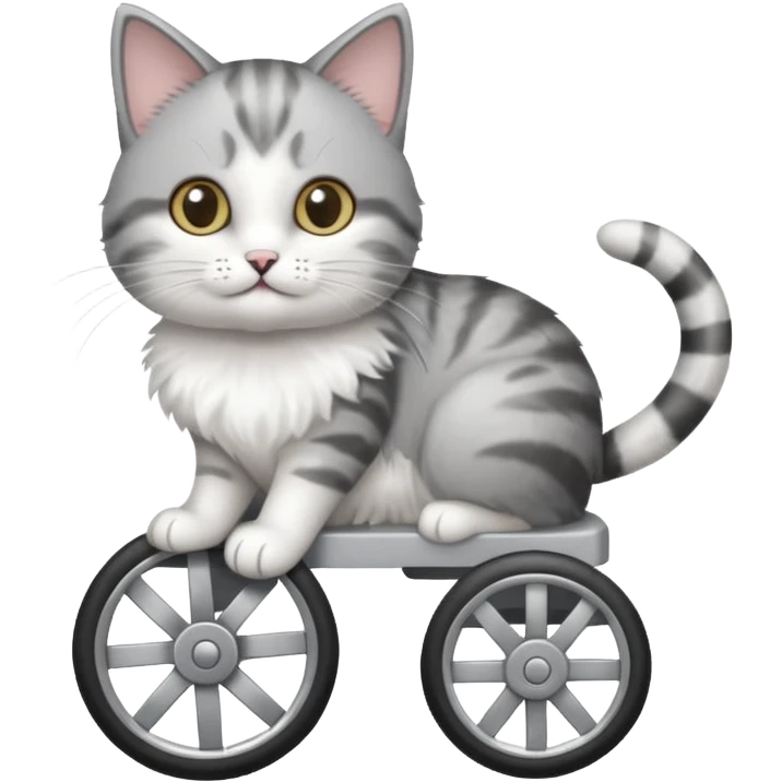 disabled grey and white small cat using a mobility wheel aide for cats emoji