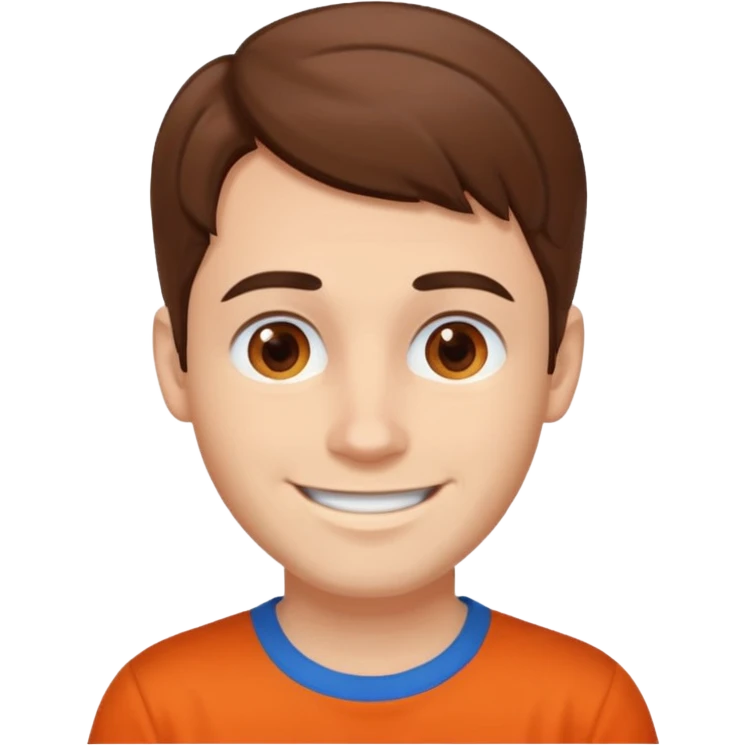 male, white skin, brown hair, brown eyes, orange and blue shirt emoji