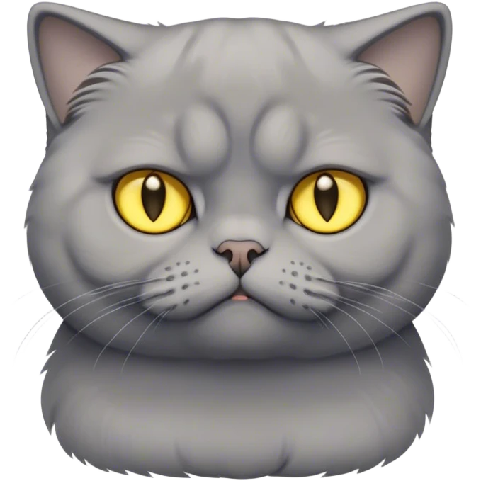 Cinematic Comical Grey Scottish Fold Cat Portrait Emoji, Adorable folded ears accentuating its round face, head tilted with a scrunched, grumpy expression, sleek soft grey fur with subtle blue undertones, large, striking yellow eyes, Simplified yet sharp features, highly detailed, glowing with a slightly sarcastic glow, high shine, poised but with a comically displeased demeanor, stylized with an air of playful disdain, focused yet unimpressed, soft glowing outline, capturing the essence of a grumpy yet endearing kitty with the classic Scottish Fold charm, so lifelike it feels like it could give you an exaggerated sigh and a disapproving stare at any moment! emoji