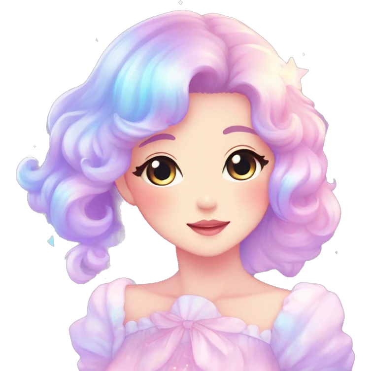 Gorgeous pastel anime style lady blushing nebula gradient sparkle face dreamy idol model colorful shiny stars galaxy kawaii cottagecore pearly petite simplistic aesthetic trending style emoji