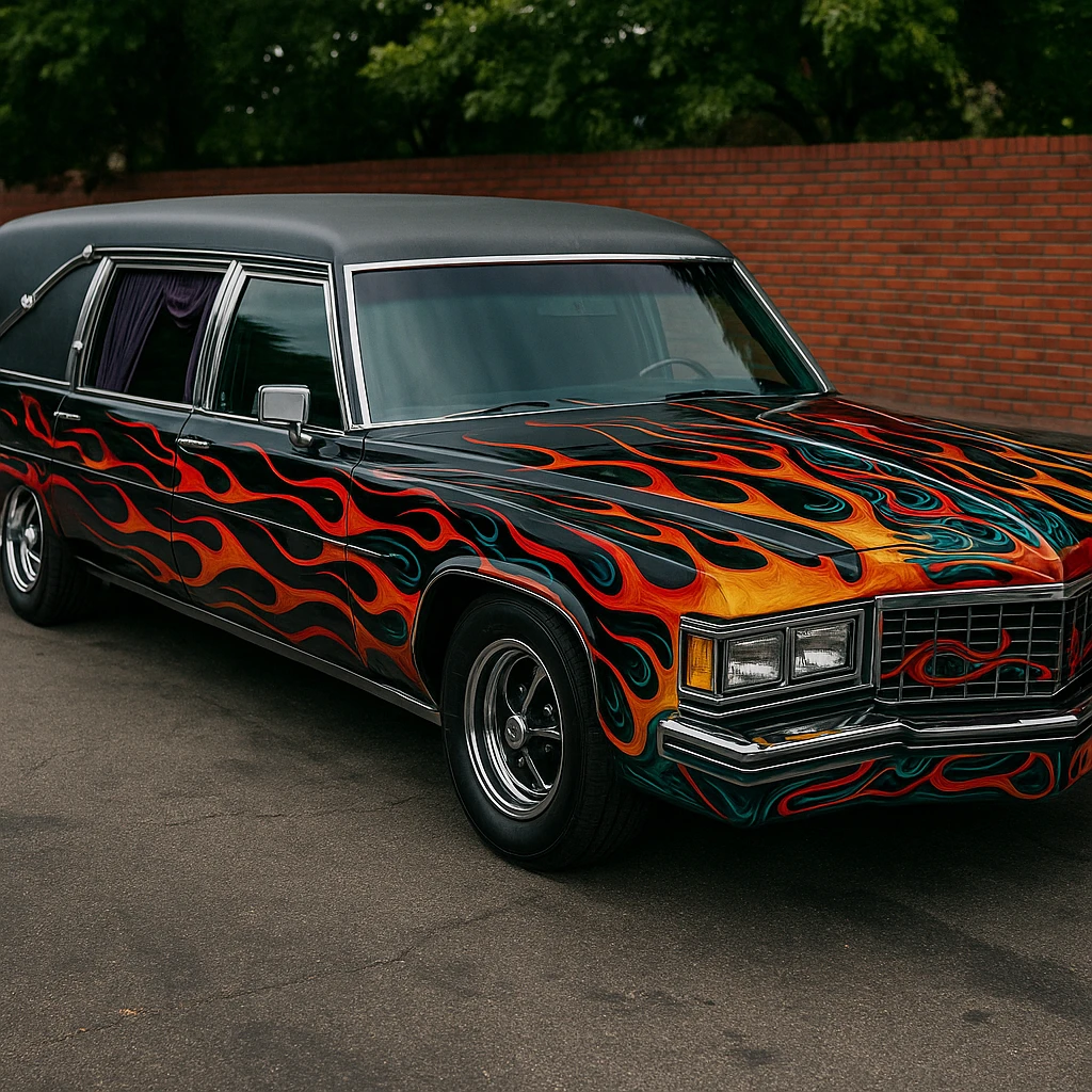 a hearse car with flames and custom paint emoji