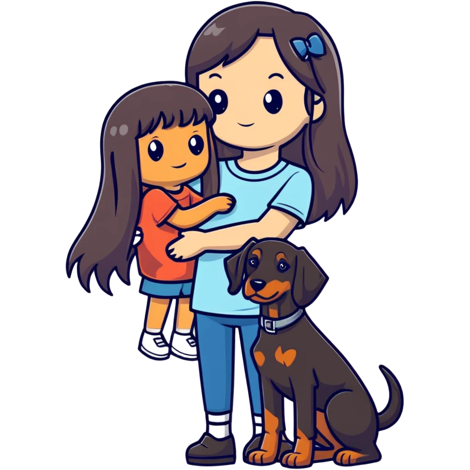 Black long-haired girl holding Doberman emoji