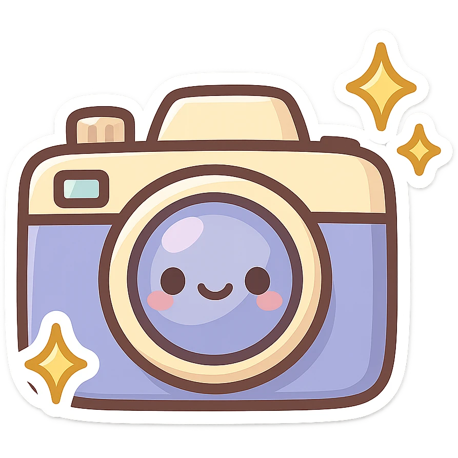 chibi sticker-style camera with sparkles, cute and exaggerated emoji