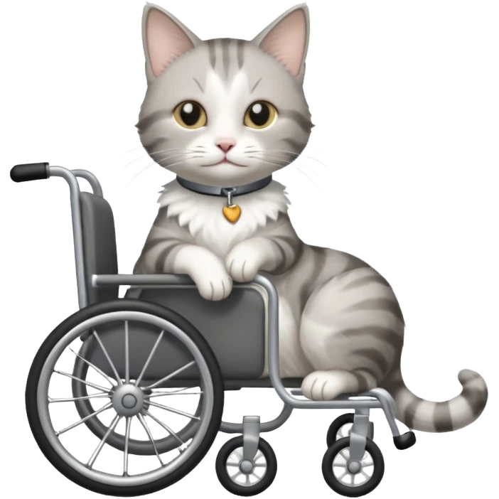 disabled grey and white small cat using cat wheelchair emoji