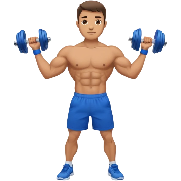 man with blue shorts doing side-lateral raise (T pose) with light dumbbells emoji