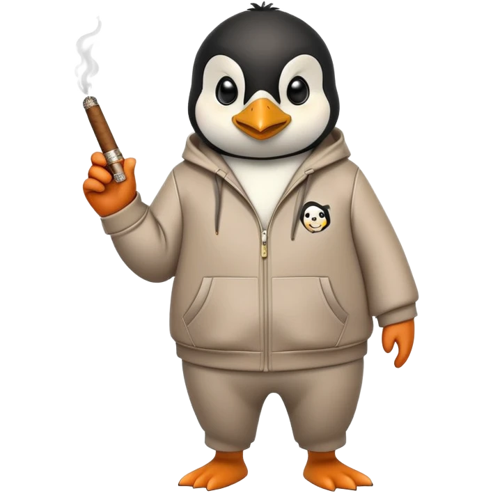 friendly anthropomorphised penguin wearing a mafia-style tracksuit, holding a cigar, secretive scheming pose, angry expression, walking with determined stride emoji