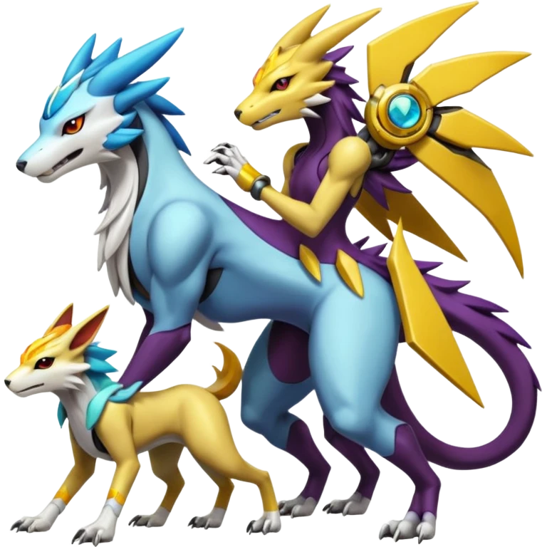 Colorful Futuristic Meloetta-Manectric-Solgaleo-Raikou-Wargreymon-Sergal-Pokémon-Digimon-Fakémon-fusion-hybrid-creature emoji