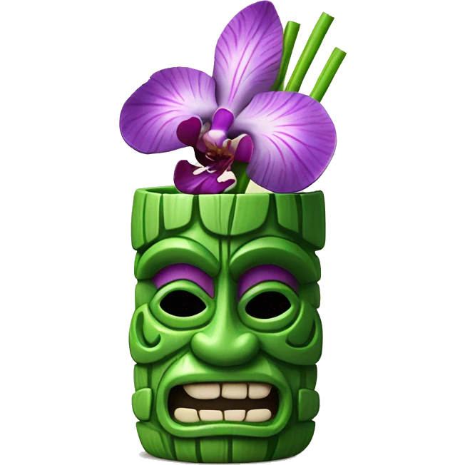 Green tiki mug with striped straw and purple orchid garnish emoji